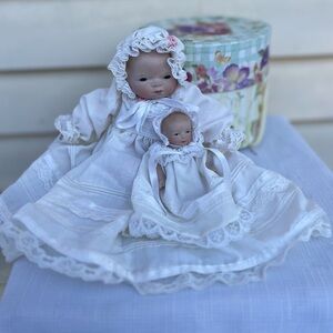 Lady Jayne Ltd. Set of 3: vintage decorative box & 2 lace-trimmed dressed dolls